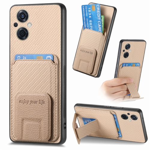 

For OPPO Reno8 Z Carbon Fiber Card Bag Fold Stand Phone Case(Khaki)