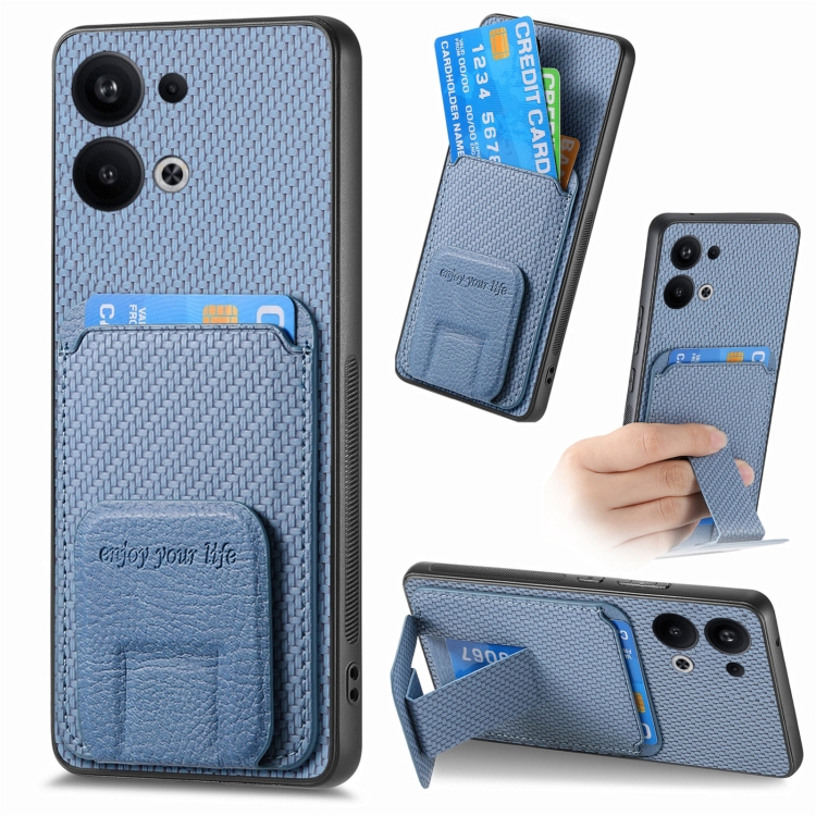 

For OPPO Reno9 Pro+ 5G Carbon Fiber Card Bag Fold Stand Phone Case(Blue)