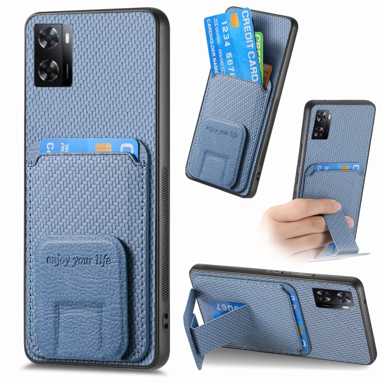 

For OPPO A57 5G Carbon Fiber Card Bag Fold Stand Phone Case(Blue)