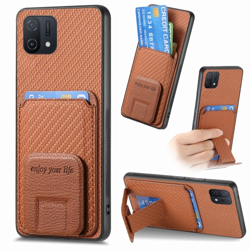 

For OPPO A16K Carbon Fiber Card Bag Fold Stand Phone Case(Brown)