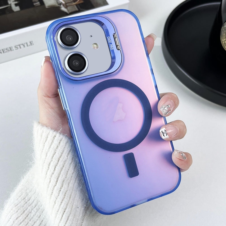 

For iPhone 12 MagSafe Lens Holder PC Hybrid TPU Phone Case(Blue)