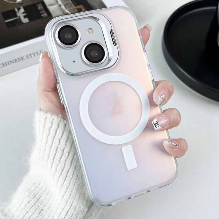 

For iPhone 14 Plus MagSafe Lens Holder PC Hybrid TPU Phone Case(White)
