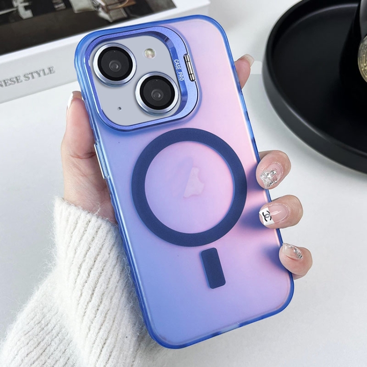 

For iPhone 15 Plus MagSafe Lens Holder PC Hybrid TPU Phone Case(Blue)