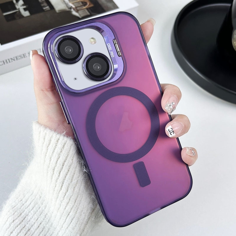 

For iPhone 15 MagSafe Lens Holder PC Hybrid TPU Phone Case(Purple)