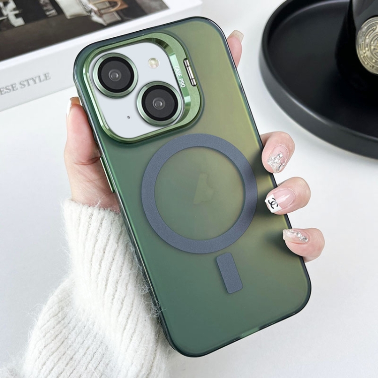 

For iPhone 15 MagSafe Lens Holder PC Hybrid TPU Phone Case(Green)
