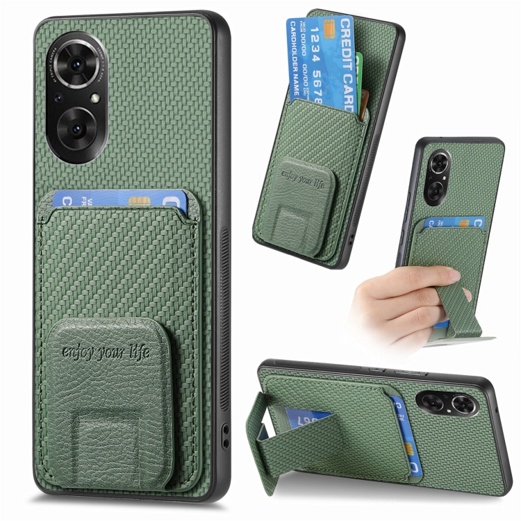 

For Honor 50 SE Carbon Fiber Card Bag Fold Stand Phone Case(Green)