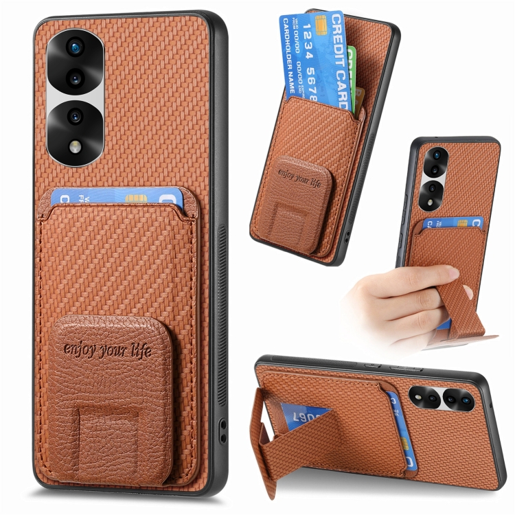 

For Honor 70 Pro Carbon Fiber Card Bag Fold Stand Phone Case(Brown)