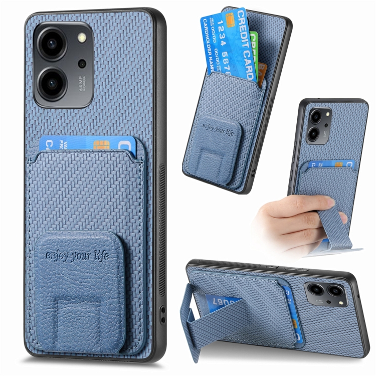 

For Honor 80 SE Carbon Fiber Card Bag Fold Stand Phone Case(Blue)