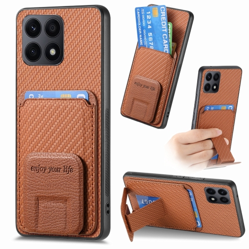 

For Honor X8A Carbon Fiber Card Bag Fold Stand Phone Case(Brown)