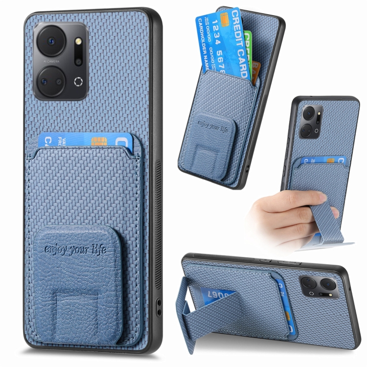 

For Honor X7A Carbon Fiber Card Bag Fold Stand Phone Case(Blue)