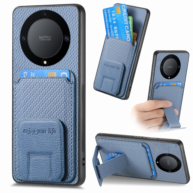 

For Honor X9A Carbon Fiber Card Bag Fold Stand Phone Case(Blue)