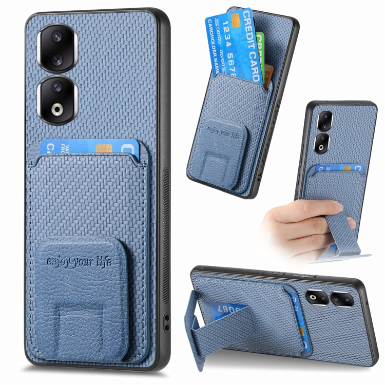 

For Honor 90 Pro Carbon Fiber Card Bag Fold Stand Phone Case(Blue)