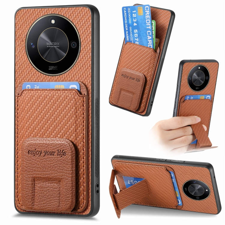 

For Honor X50 5G Carbon Fiber Card Bag Fold Stand Phone Case(Brown)