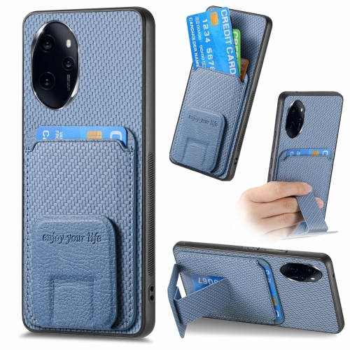 For Honor 100 Pro 5G Carbon Fiber Card Bag Fold Stand Phone Case(Blue) for honor x40 carbon fiber card bag fold stand phone case green