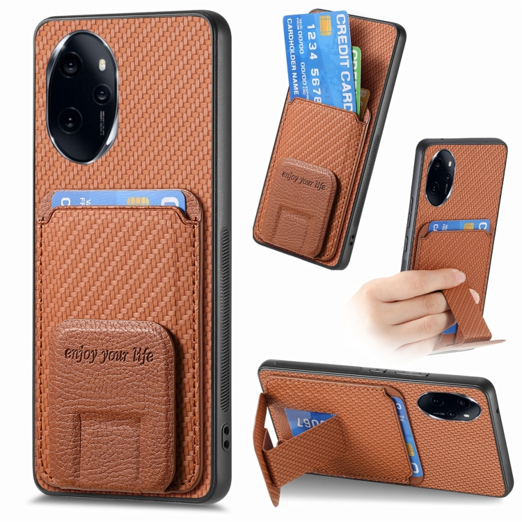 

For Honor 100 Pro 5G Carbon Fiber Card Bag Fold Stand Phone Case(Brown)