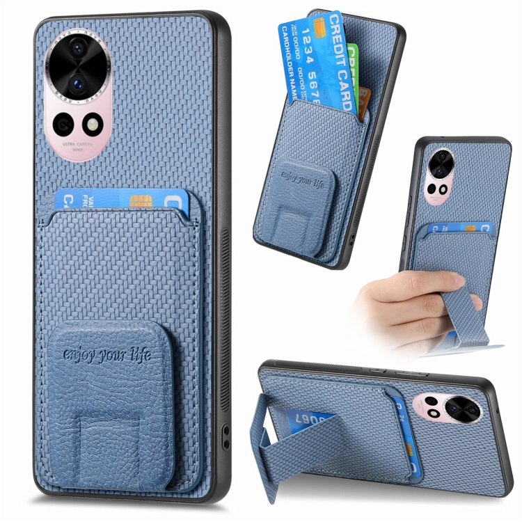 

For Huawei Nova 12 5G Carbon Fiber Card Bag Fold Stand Phone Case(Blue)