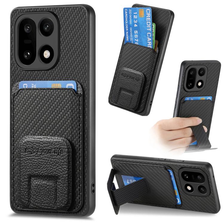 

For OnePlus 15 Carbon Fiber Card Bag Fold Stand Phone Case(Black)