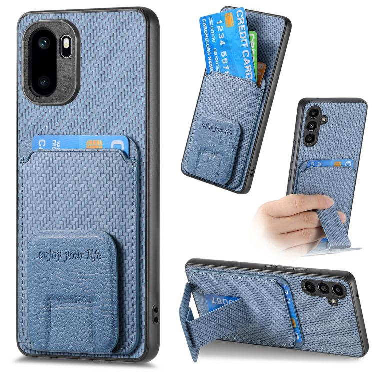 

For OnePlus Ace 6 / 6T/ 15R Carbon Fiber Card Bag Fold Stand Phone Case(Blue)