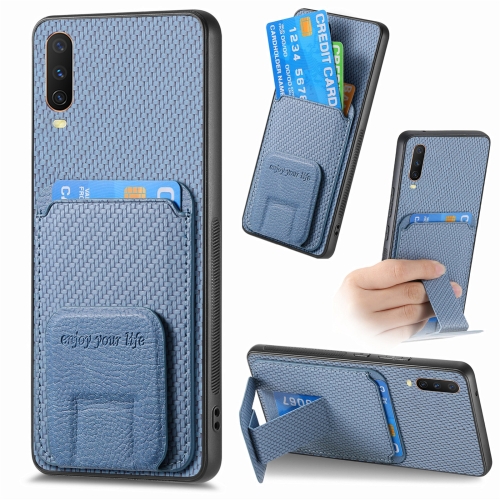 

For vivo Y12 / Y15 / Y17 / Y3 Carbon Fiber Card Bag Fold Stand Phone Case(Blue)