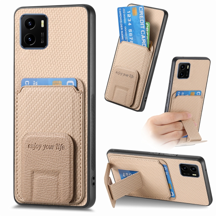 

For vivo Y15s Carbon Fiber Card Bag Fold Stand Phone Case(Khaki)
