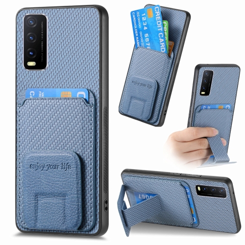 

For vivo Y20 Carbon Fiber Card Bag Fold Stand Phone Case(Blue)