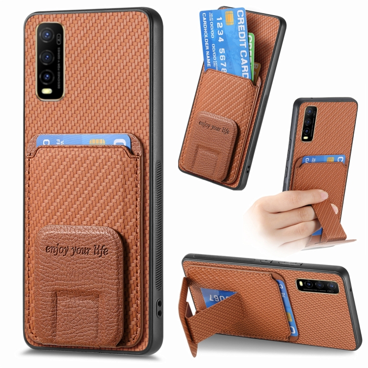 

For vivo Y70s Carbon Fiber Card Bag Fold Stand Phone Case(Brown)