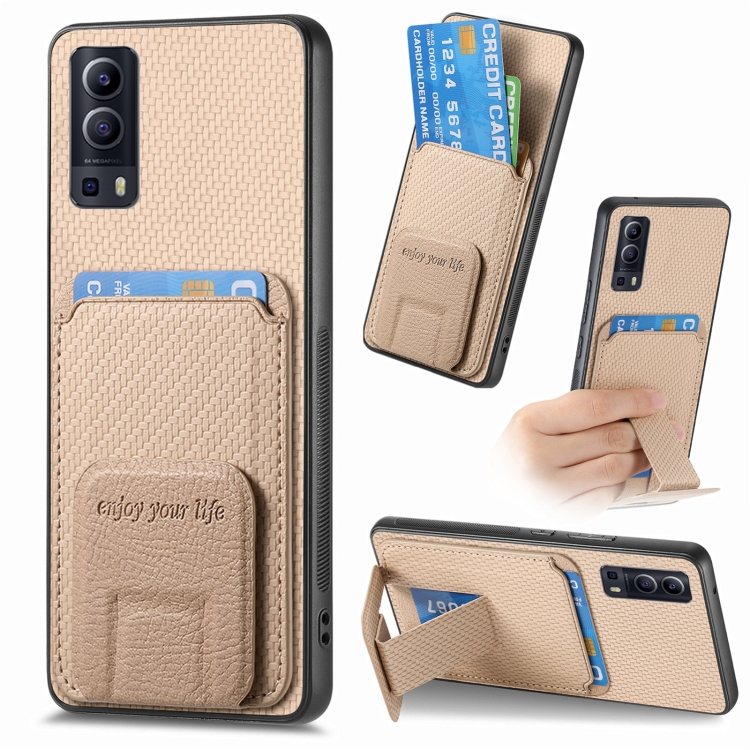

For vivo Y72 5G Carbon Fiber Card Bag Fold Stand Phone Case(Khaki)