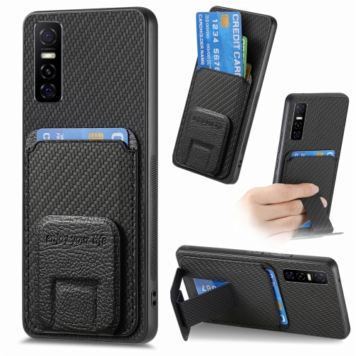 

For vivo Y73s 5G / S7e Carbon Fiber Card Bag Fold Stand Phone Case(Black)