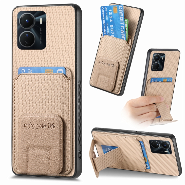 

For vivo Y16 Carbon Fiber Card Bag Fold Stand Phone Case(Khaki)