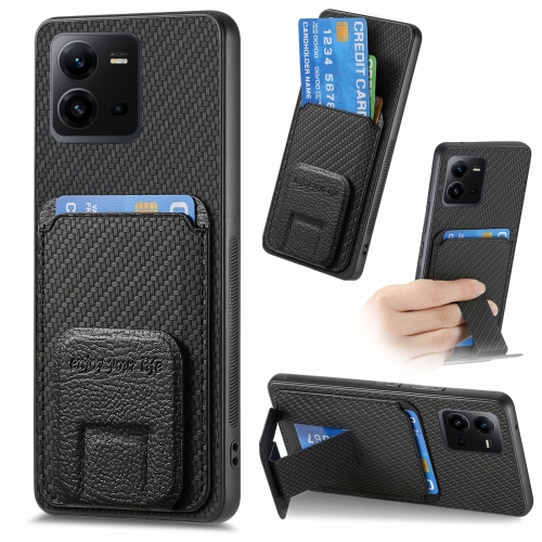 

For vivo V25 Carbon Fiber Card Bag Fold Stand Phone Case(Black)