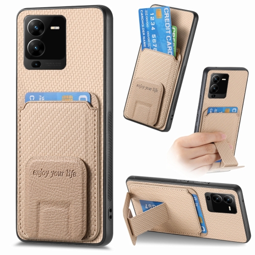 

For vivo V25 Pro Carbon Fiber Card Bag Fold Stand Phone Case(Khaki)