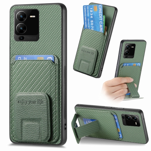 

For vivo V25 Pro Carbon Fiber Card Bag Fold Stand Phone Case(Green)