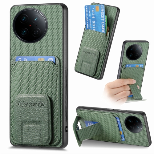 

For vivo X90 Pro 5G Carbon Fiber Card Bag Fold Stand Phone Case(Green)