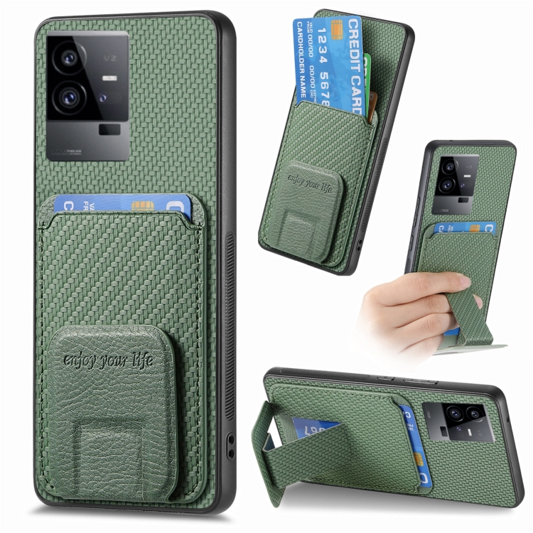 

For vivo iQOO 11 5G Carbon Fiber Card Bag Fold Stand Phone Case(Green)