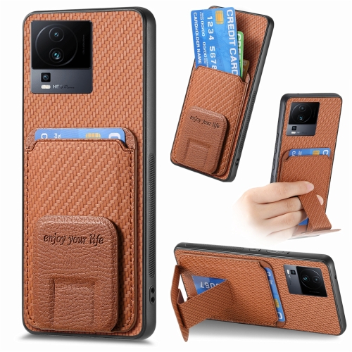 

For vivo iQOO Neo 7 SE Carbon Fiber Card Bag Fold Stand Phone Case(Brown)
