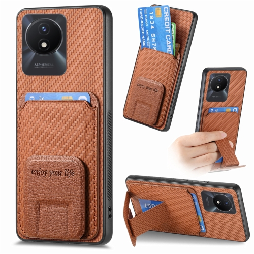 

For vivo Y02 Carbon Fiber Card Bag Fold Stand Phone Case(Brown)