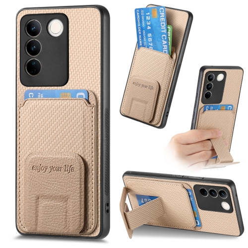 

For vivo S16 / V27 Carbon Fiber Card Bag Fold Stand Phone Case(Khaki)