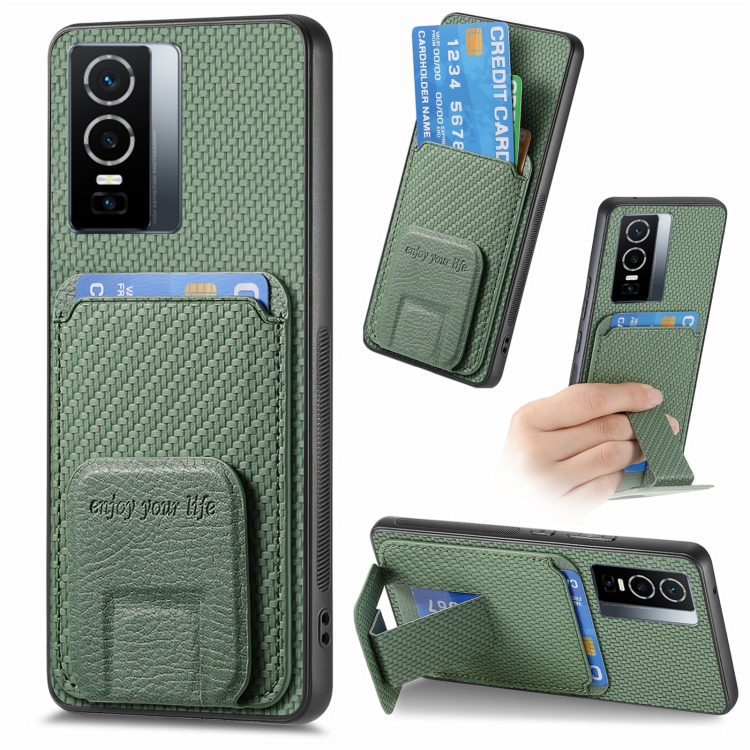 

For vivo Y76 Carbon Fiber Card Bag Fold Stand Phone Case(Green)
