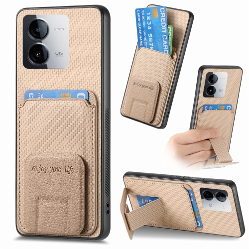 

For vivo iQOO Z8 Carbon Fiber Card Bag Fold Stand Phone Case(Khaki)