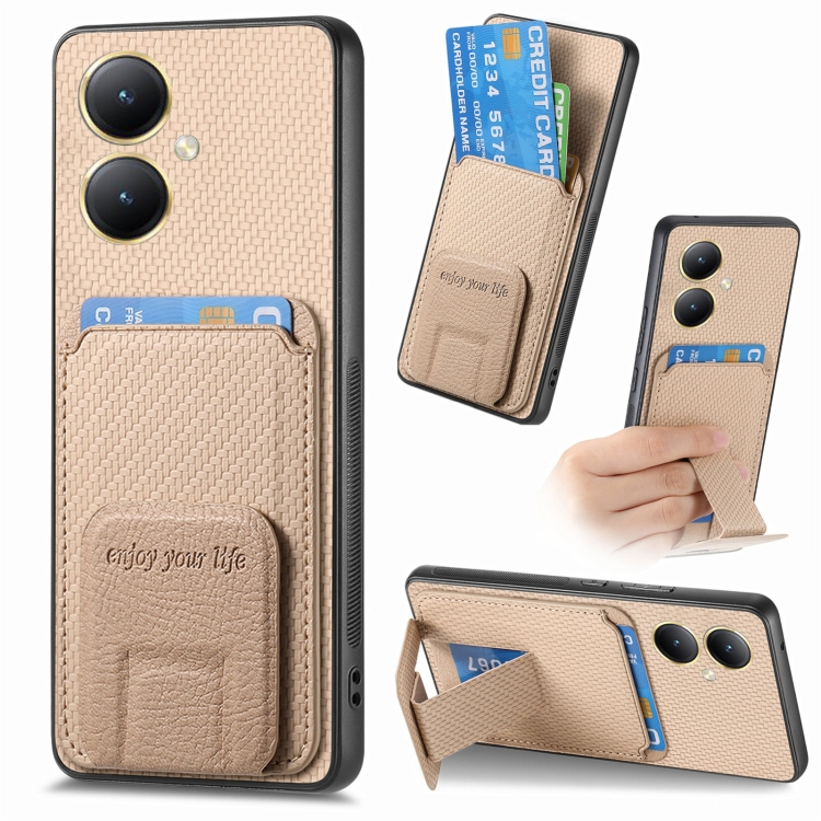 

For Vivo Y35M+ Carbon Fiber Card Bag Fold Stand Phone Case(Khaki)