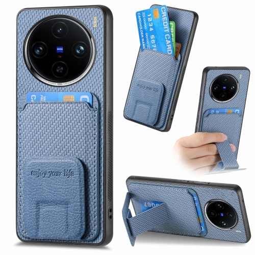 

For vivo X100 Pro 5G Carbon Fiber Card Bag Fold Stand Phone Case(Blue)