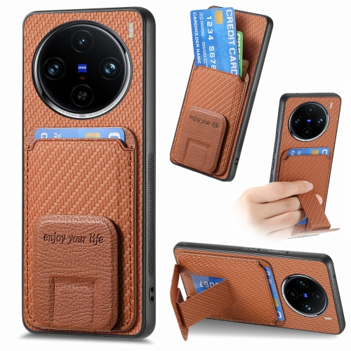 

For vivo X100 Pro 5G Carbon Fiber Card Bag Fold Stand Phone Case(Brown)