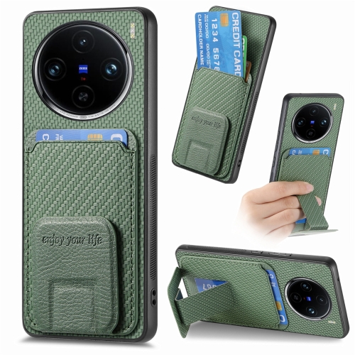 

For vivo X100 Pro 5G Carbon Fiber Card Bag Fold Stand Phone Case(Green)