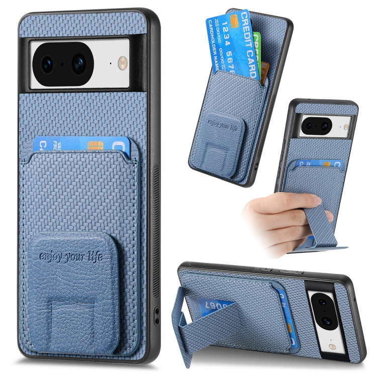 

For Google Pixel 7 Carbon Fiber Card Bag Fold Stand Phone Case(Blue)