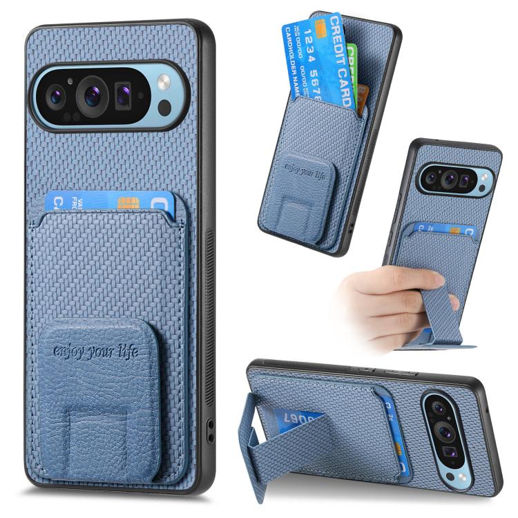 

For Google Pixel 10 Pro XL Carbon Fiber Card Bag Fold Stand Phone Case(Blue)