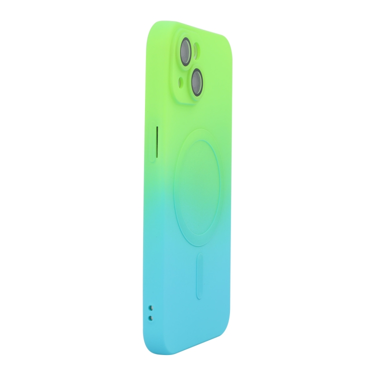 

For iPhone 14 ENKAY Hat-Prince MagSafe Rainbow Gradient Silicone Phone Case with Lens Film(Green Blue)