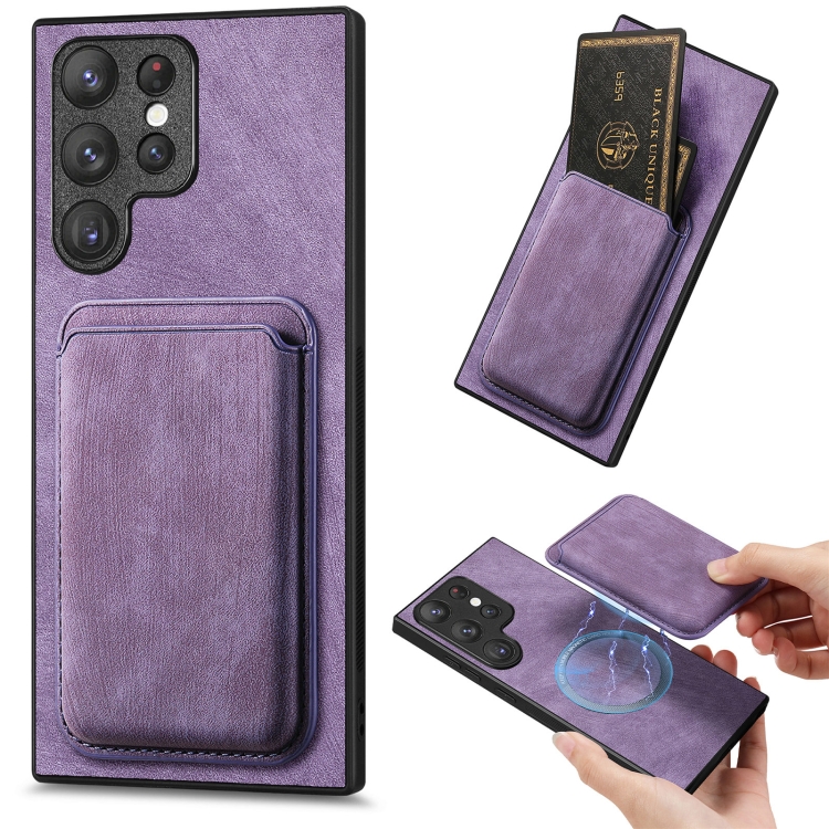 

For Samsung Galaxy S22 Ultra 5G Retro Leather Card Bag Magnetic Phone Case(Purple)