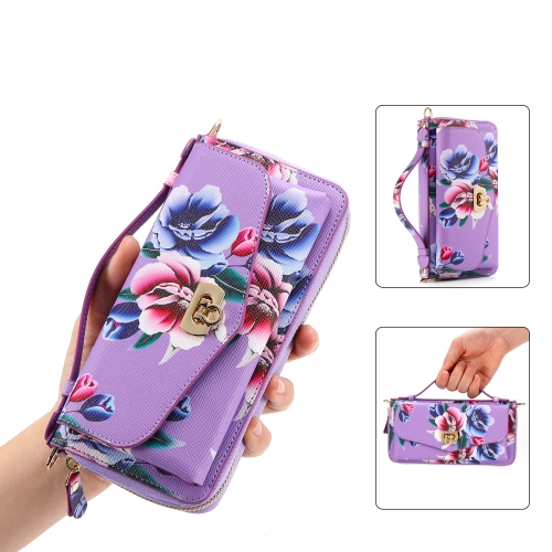 

For iPhone 15 Pro Max MagSafe Flower Multi-functional Crossbody Zipper Wallet Leather Phone Case(Purple)