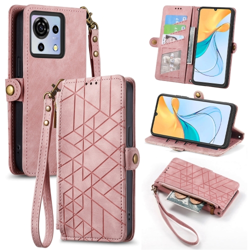 

For ZTE Blade V50 Vita Geometric Zipper Wallet Side Buckle Leather Phone Case(Pink)