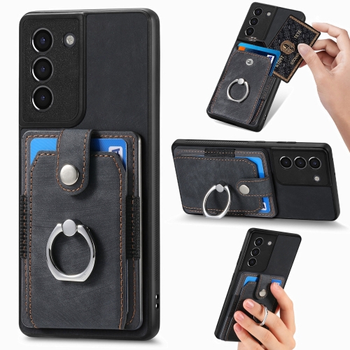 

For Samsung Galaxy S21 5G Retro Skin-feel Ring Card Wallet Phone Case(Black)